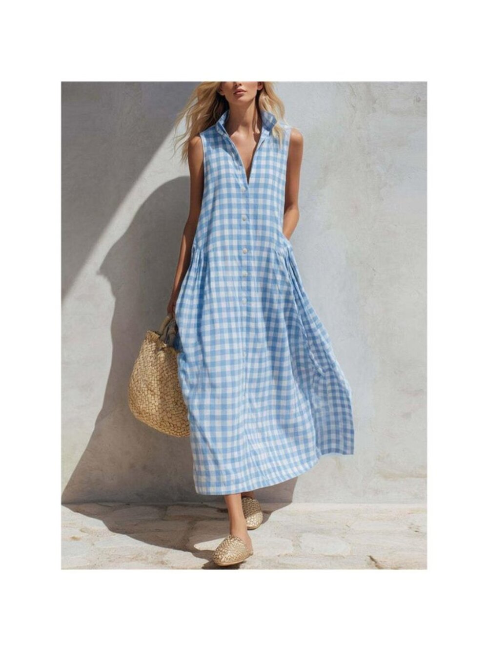 Full Size Sleeveless Gingham Button-Down Midi Dress Plus Size